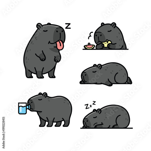 Capybara relaxing with food and drink in a humorous cartoon style