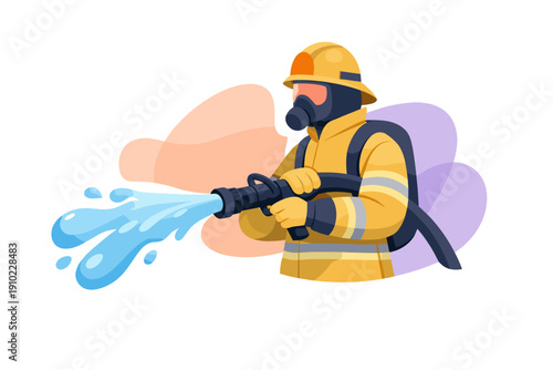 Firefighter in protective gear sprays water from a hose.