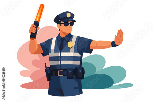 Police Officer Directing Traffic with Stop Sign and Light.