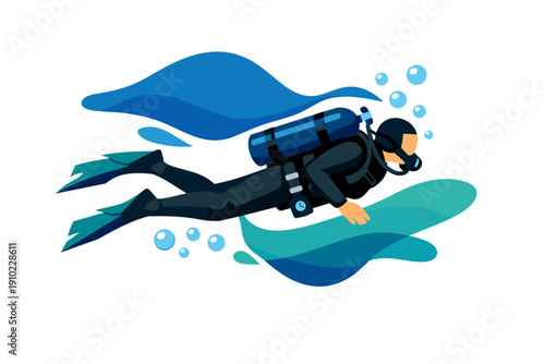 Scuba diver swimming underwater with blue water waves.