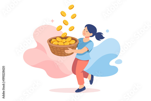 Young woman happily collecting falling gold coins in a basket.