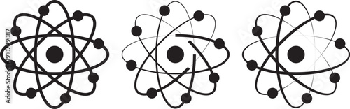 atom icon set. Atomic structure symbols. Simple black and white illustration of an atom with orbiting electrons around a nucleus
