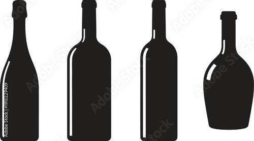 Silhouettes of wine bottles on white background