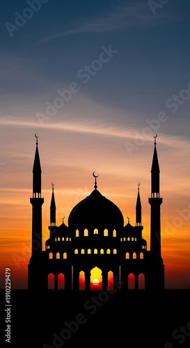Silhouette of a mosque at sunset.