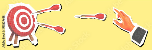 Throwing dart into target halftone scrapbook collage illustration. Retro pop art accuracy concept. Textured bullseye hit for goal achievement flyers.