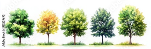 Five deciduous trees in a row with mixed green and golden leaves above a grassy strip on a white background, peaceful and serene