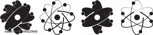 atom icon set. Atomic structure symbols. Simple black and white illustration of an atom with orbiting electrons around a nucleus