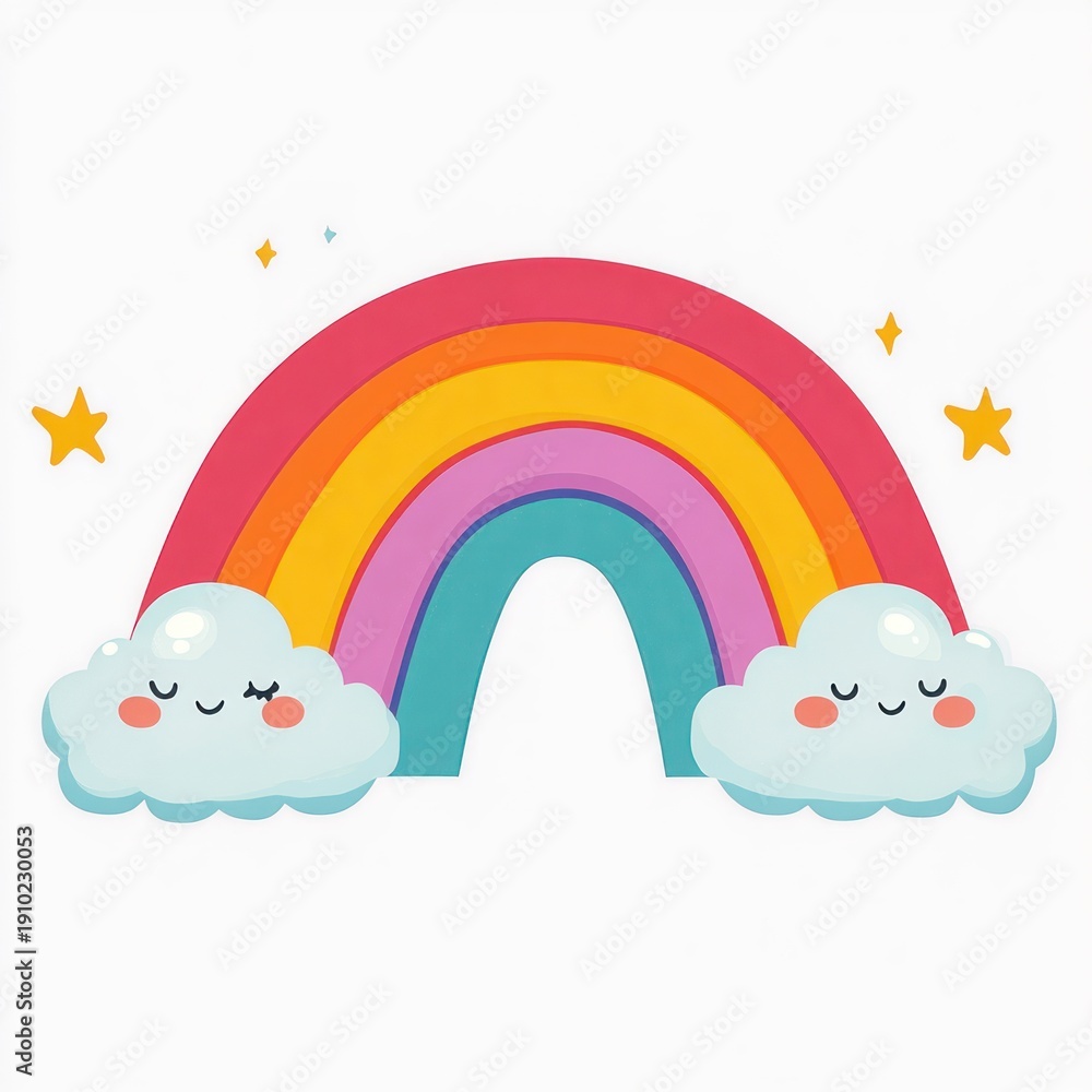 Fototapeta premium two smiling clouds with rosy cheeks holding a multicolored rainbow arch with small stars and sparkles, cheerful and peaceful cartoon illustration