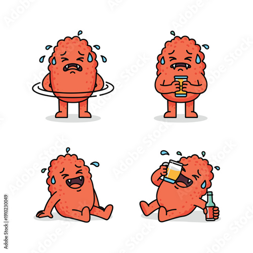 Cartoon blob character exercising and drinking beer in various humorous poses