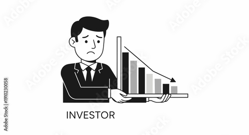 Sad investor with falling business bar chart illustration.