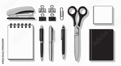 Stationery and office supplies top view illustration set.