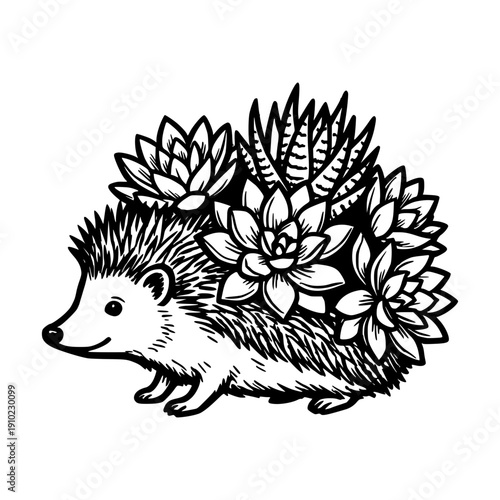 Cute hand drawn hedgehog with succulent plants and cactus growing on back