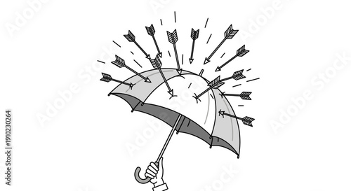 Umbrella protecting from falling arrows illustration concept.