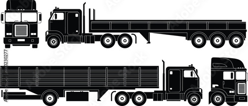 Black silhouette vector illustration of a heavy duty semi truck with flatbed trailer showing front side and back views for industrial logistics and transport design (25 words)