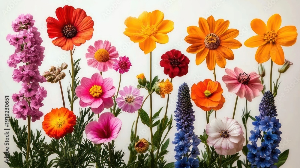 Obraz premium assorted vibrant wildflowers with pink, orange, yellow and blue blooms on tall green stems against a clean white background, cheerful and fresh