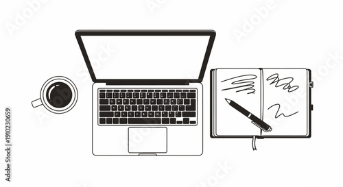 Top view of minimalist workspace with laptop, coffee, and notebook.