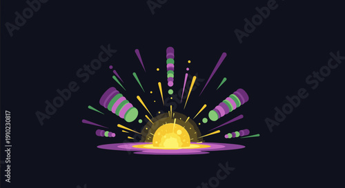 A dynamic abstract illustration capturing a brilliant burst of colorful light and festive particles, symbolizing celebration and vibrant energy.