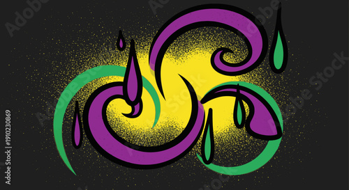 Vibrant abstract art with dynamic purple and green swirls, stylized water droplets, and a textured yellow backdrop, perfect for modern design.