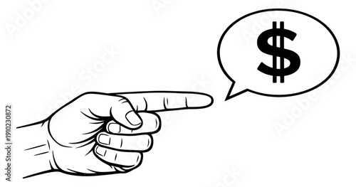 Hand drawn line art illustration of a pointing hand depicting a dollar sign in a speech bubble for financial concepts