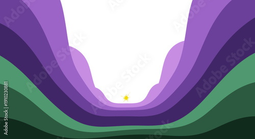 An artistic graphic illustration showcases flowing waves of violet and emerald tones, guiding the eye towards a singular golden point in a minimalist perspective.