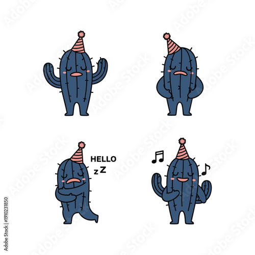 Cute cartoon cacti characters in party hats waving and greeting