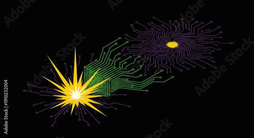 An intricate illustration of interconnected digital circuits with a vibrant energy burst, symbolizing advanced technology, data flow, and innovative computational power.