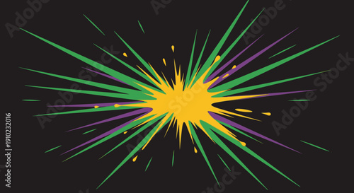 A vibrant, stylized graphic illustration depicting an energetic burst of green, purple, and yellow rays against a dark background, perfect for festive or comic art.
