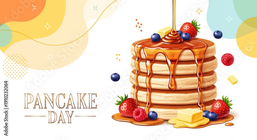 Illustration of a stack of pancakes with syrup, butter, and fresh berries on Pancake Day with a festive background.