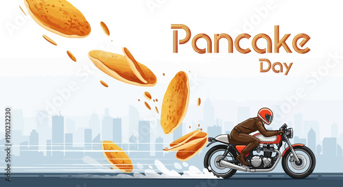 A motorcyclist rides on a road with pancakes flying around, celebrating Pancake Day against a cityscape background with a joyful and festive mood.