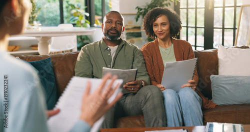 Tableau sur toile Mature couple, agent and document at house for consultation of mortgage application