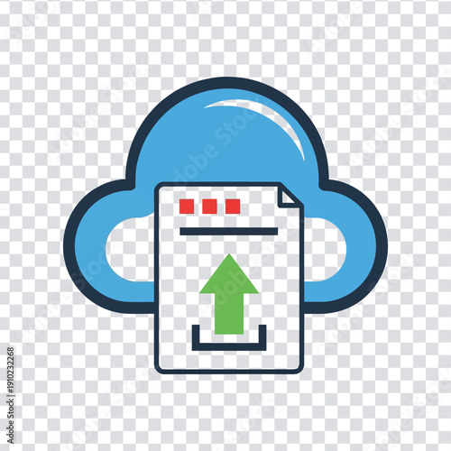A blue cloud icon with a document and green arrow pointing up on a transparent background