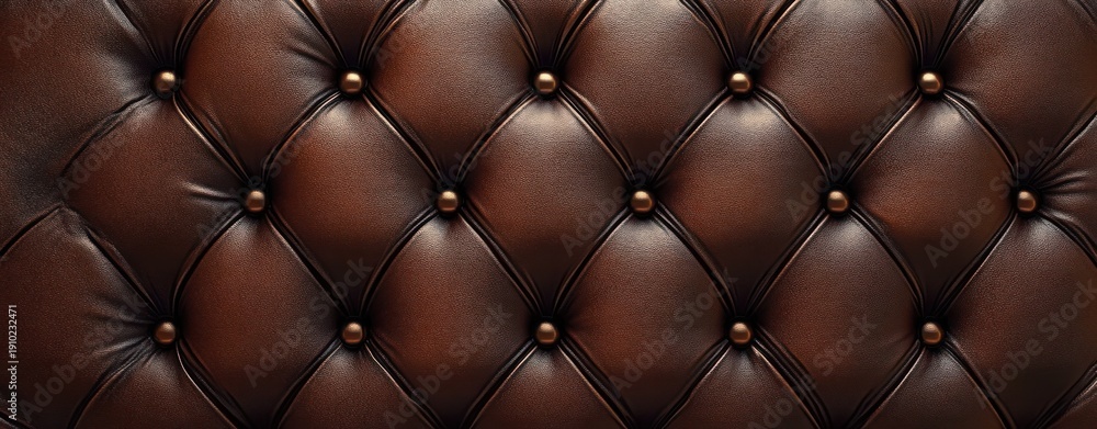 Fototapeta premium close-up of brown button-tufted leather upholstery with diamond pattern conveying warm, luxurious, classic and cozy elegance