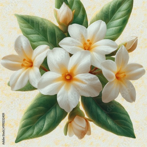 Delicate white plumeria blooms with golden centers, glossy green leaves and unopened buds against a soft textured pale background, evoking peaceful serenity