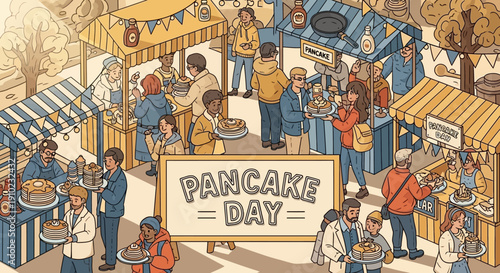 Illustration of a lively outdoor festival celebrating Presidents' Day with people enjoying food and activities on a sunny day in America.