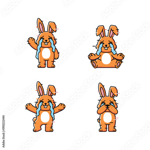 Crying cartoon bunny rabbit with blue tears in various poses on white background
