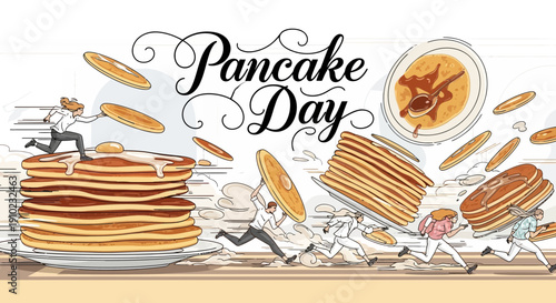 Illustration of people running with pancakes on Pancake Day with flying cakes and utensils on a white background.