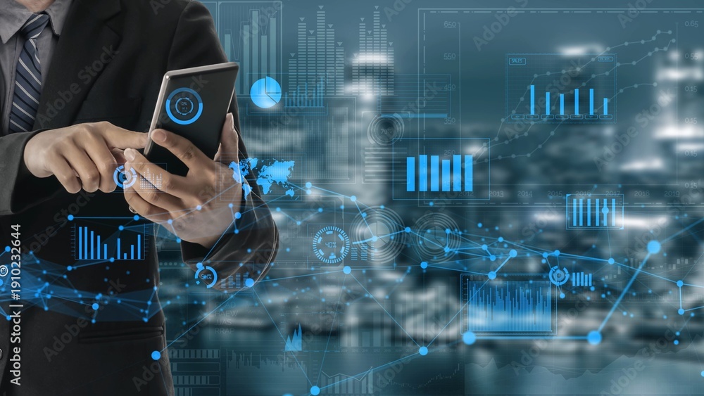 Fototapeta premium A business professional interacts with a smartphone amidst a stunning urban backdrop, showcasing digital graphs and analytics for data-driven decision-making. Xenic