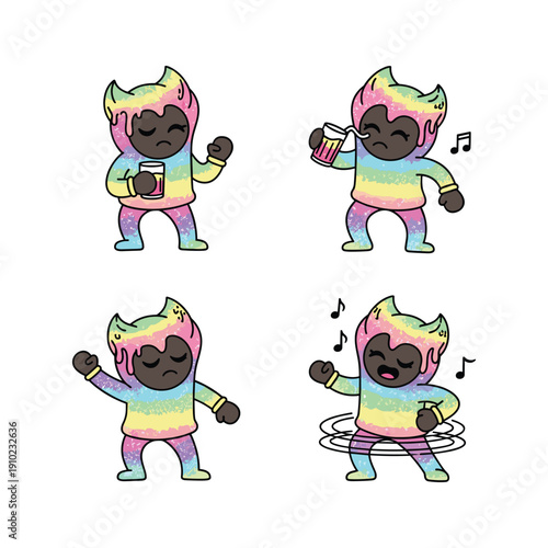 Cartoon character dancing with hula hoop and microphone in colorful costume