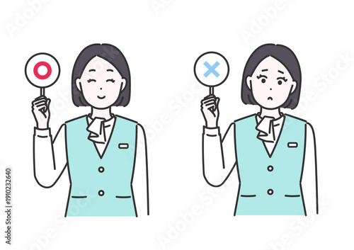 マルとバツのプラカードを持つ受付スタッフのイラストセット