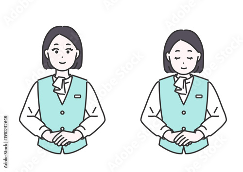 お辞儀をする女性スタッフのイラストセット