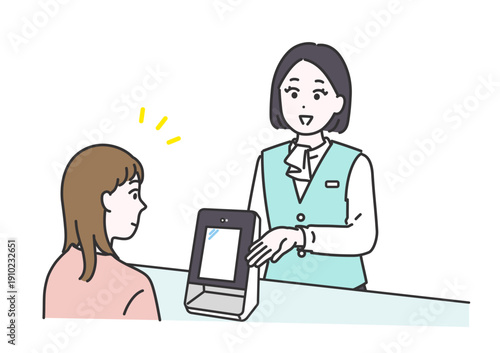 受付でカードのスキャンをお願いするビジネス女性のイメージイラスト