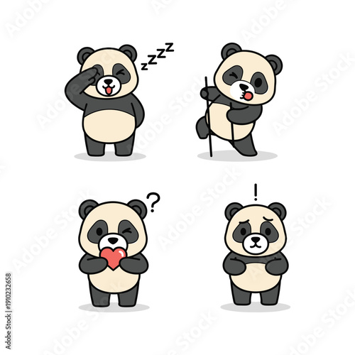 Cartoon panda set with different emotions and actions in a minimalist style