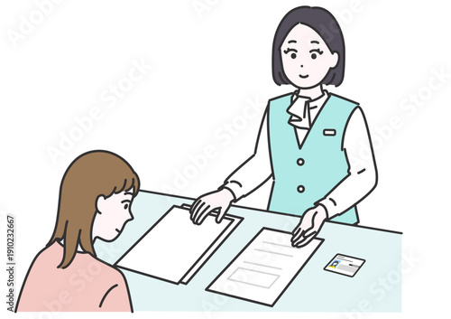 資料が置かれた机の前で、カードを使って患者に説明をするキャリア女性のイラスト