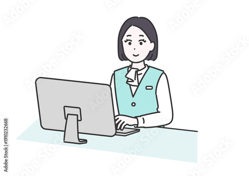 パソコンの前で仕事をする女性事務員のイメージイラスト
