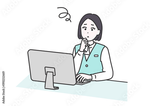 仕事中、パソコン画面を見つめて思案する女性社員のイラスト