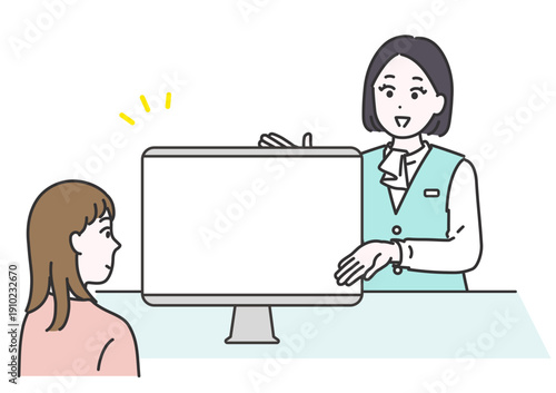 相手に向かい合いながらパソコンモニターを指差して説明するビジネス女性のイメージイラスト