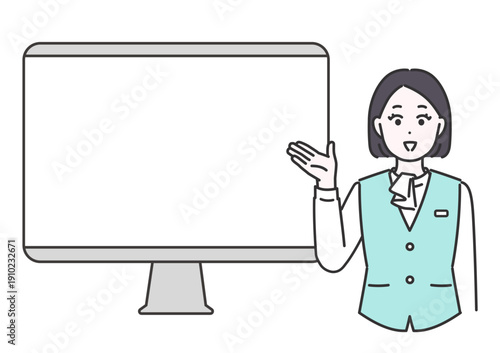 パソコンモニターを指差して説明するビジネス女性のイメージイラスト
