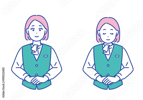 窓口受付案内　お辞儀をするビジネス女性のイラストセット