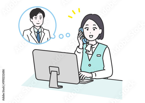 医師に電話を取り次ぐ受付業務の女性のイメージイラスト