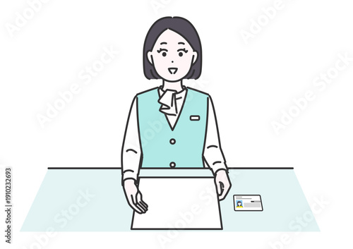 机の上の資料を指差し、カードと一緒に説明するビジネス女性のイメージイラスト